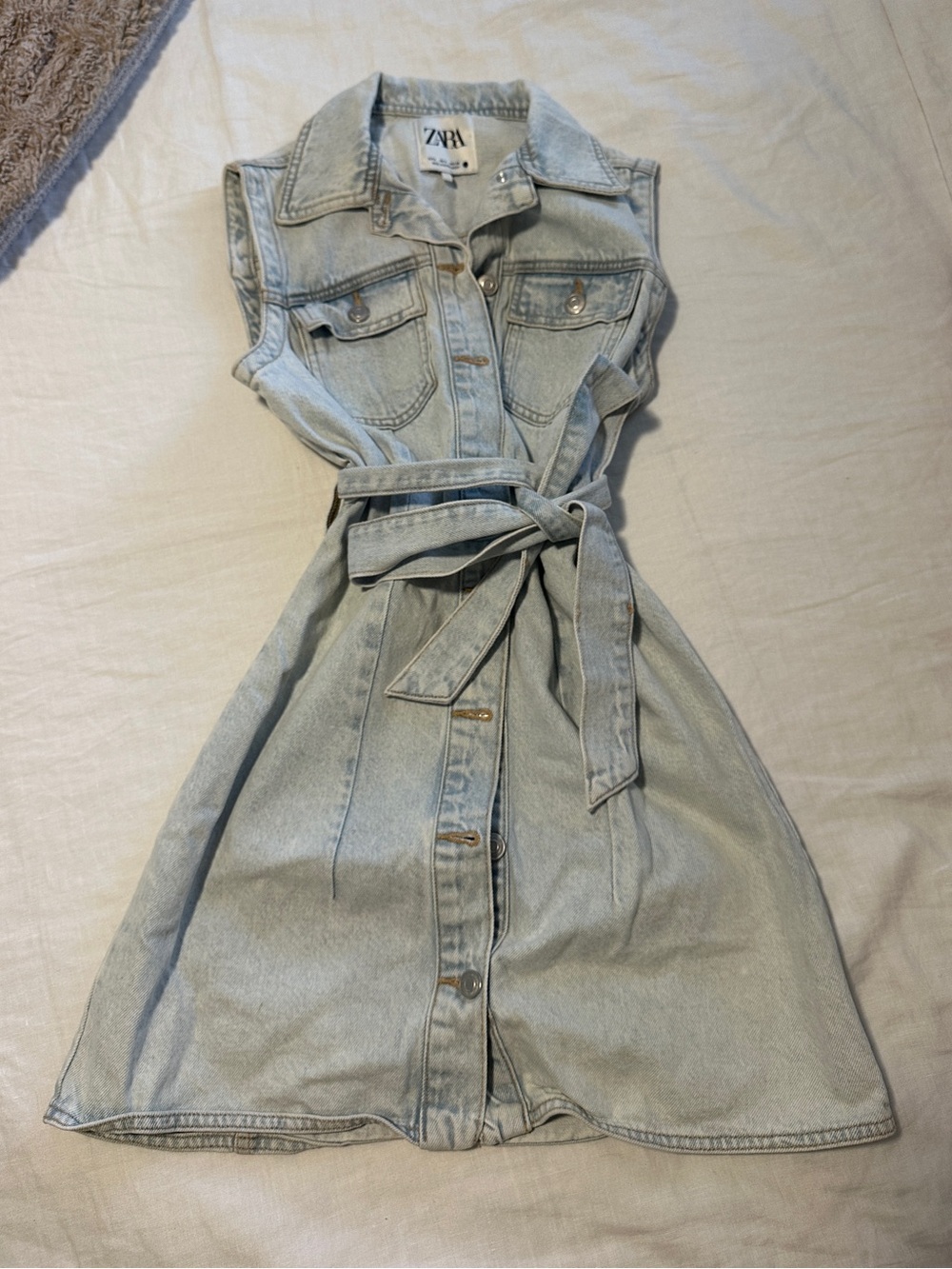 ZARA Light Blue Sleeveless Denim Shirt Dress with Tie Waist